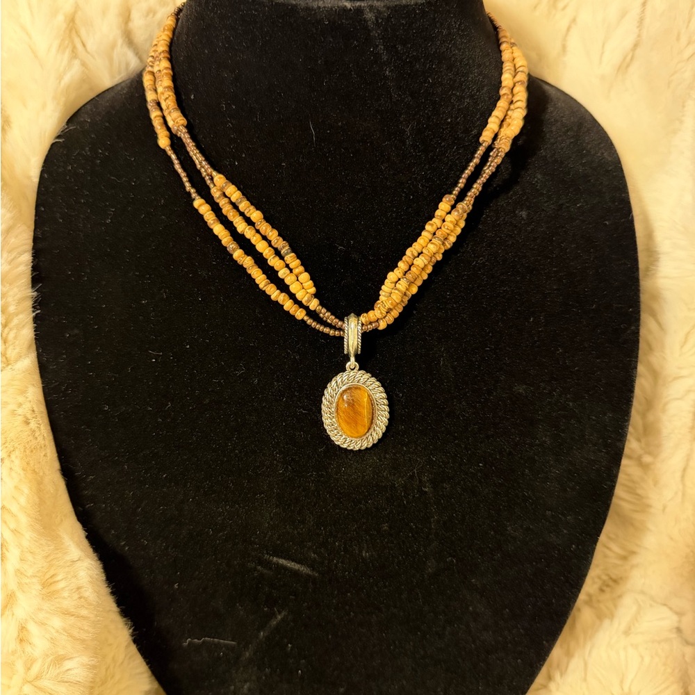 Unique Copper tone, Wood, and Silver Tiger’s Eye Pendant Necklace from Avon